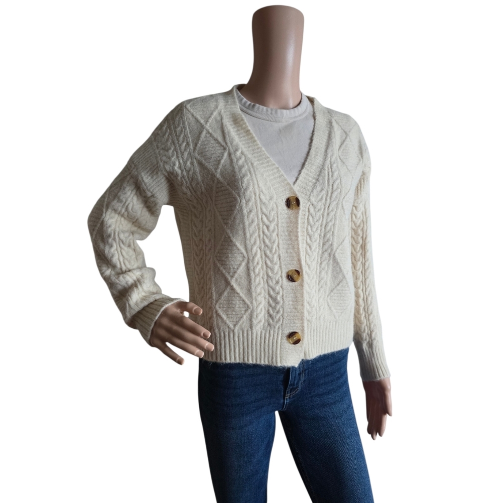 Women's Cream Oversized V-Neck Cable Knit Cropped Cardigan Sweater - Picture 11 of 16